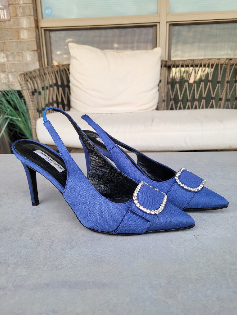 ​John Galliano Royal Blue Satin Slingback Heels Rhinestone Buckle Size 39 Italy